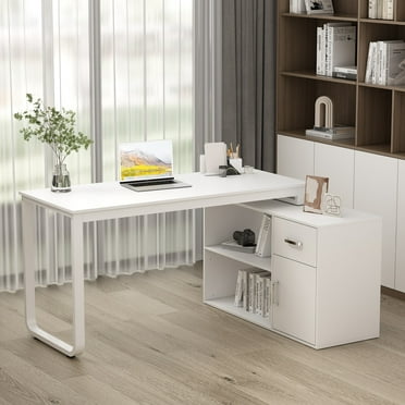 Timechee  55-inch L Shaped Office Computer Desk w/ Drawers Cabinet, White