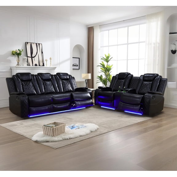 Caberryne Leather Recliner Sofa Set with LED Lights, Power Reclining Couch and Loveseat with Storage Console/Cup Holder/Coffee Table for Living Room/Home Theater(Black)