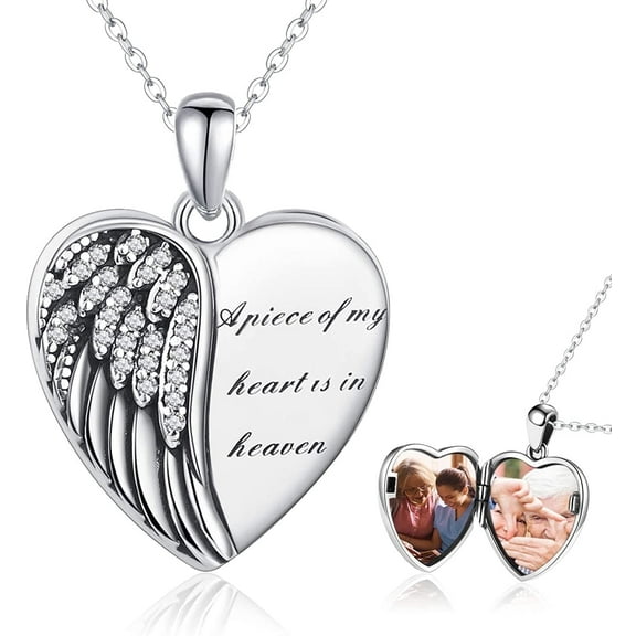 Coachuhhar Angel Wings Locket Necklace 925 Sterling Silver Heart Locket Necklace That Holds Pictures Memorial Necklace Locket Jewelry Gifts for Women