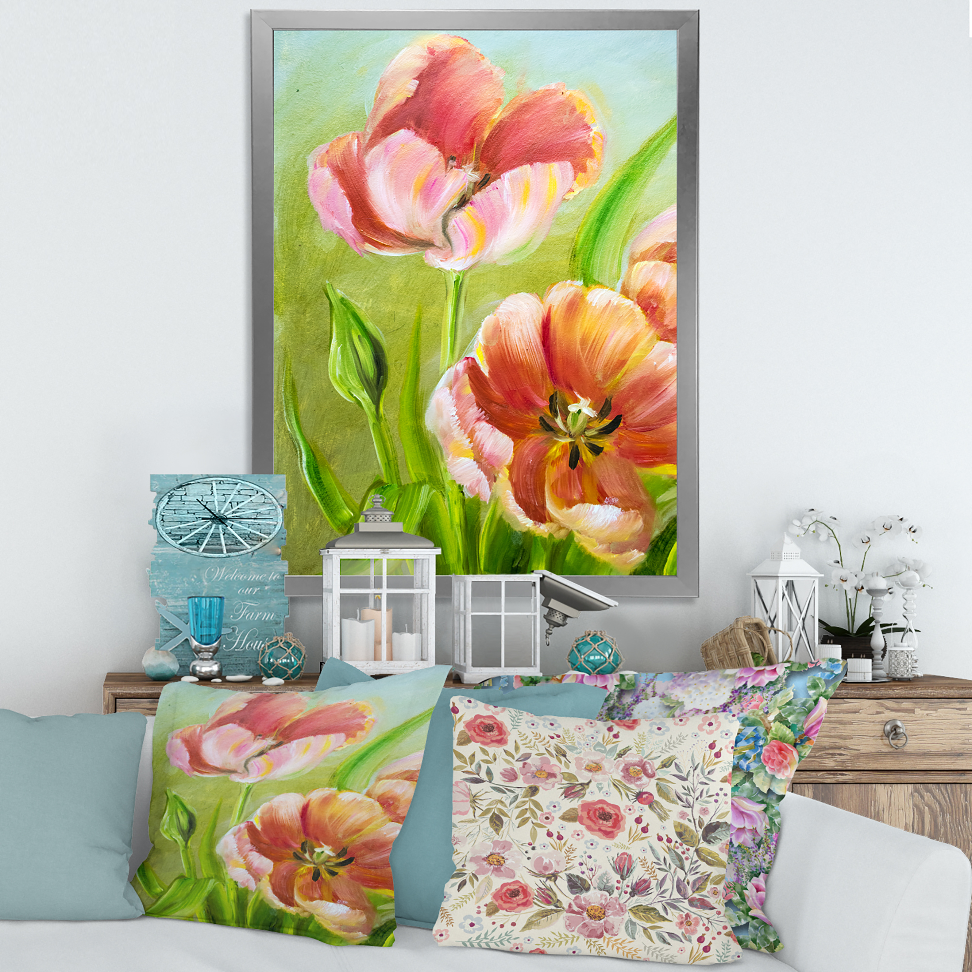 Designart 'Ancient Red Tulips Flowers III' Traditional Framed Art Print