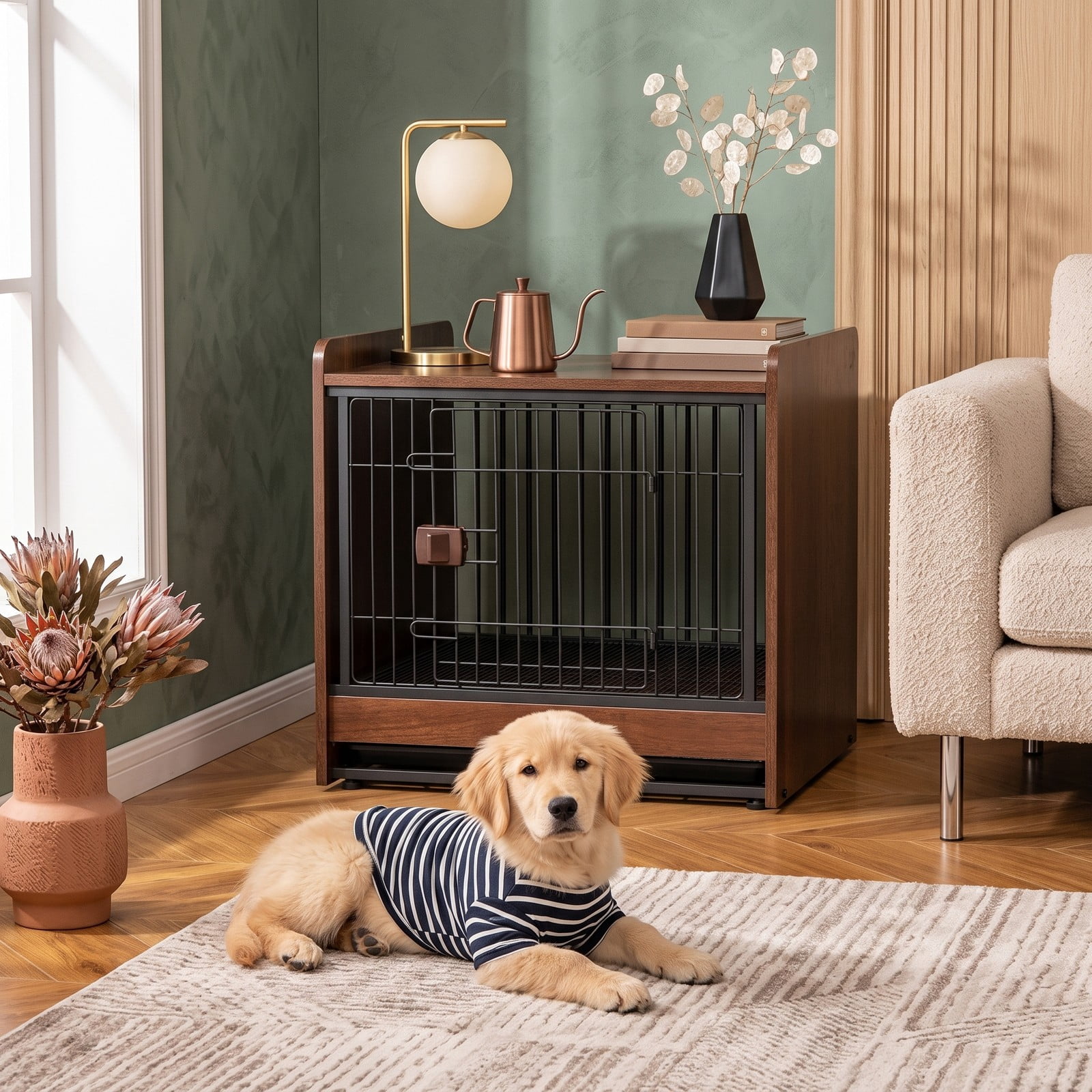 ALPULON Dog Crate Indoor Dog Cage End Table with Removable Tray and Lockable Door, Heavy Duty Metal Wood Furniture Style Pet Kennel for Small Medium Dogs, Rustic Brown