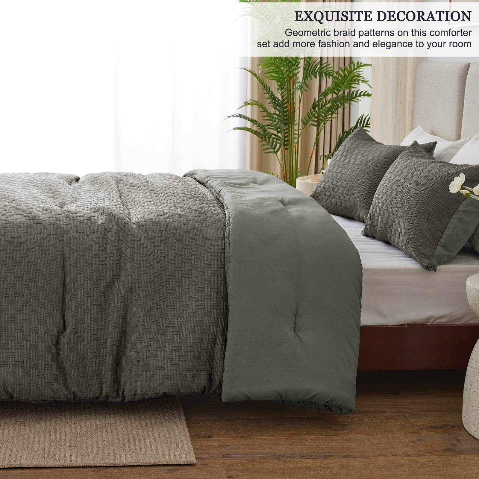 Whale Flotilla 3-Piece Jacquard Braid Ultra Soft Queen Comforter Set, Luxury Reversible Microfiber Comforters Full Size Bedding Set with 2 Pillowcases, Lightweight Duvet for All Seasons, Deep Grey