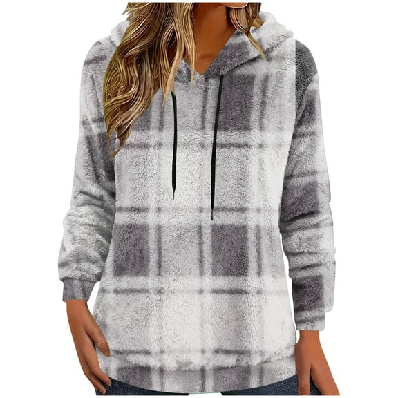 Maplenight Womens Fleece Tunic Pullover Hoodie Long Sherpa Tops Crew Neck Plaid Fuzzy Sweatshirts with Pockets Winter Thermal Clothes