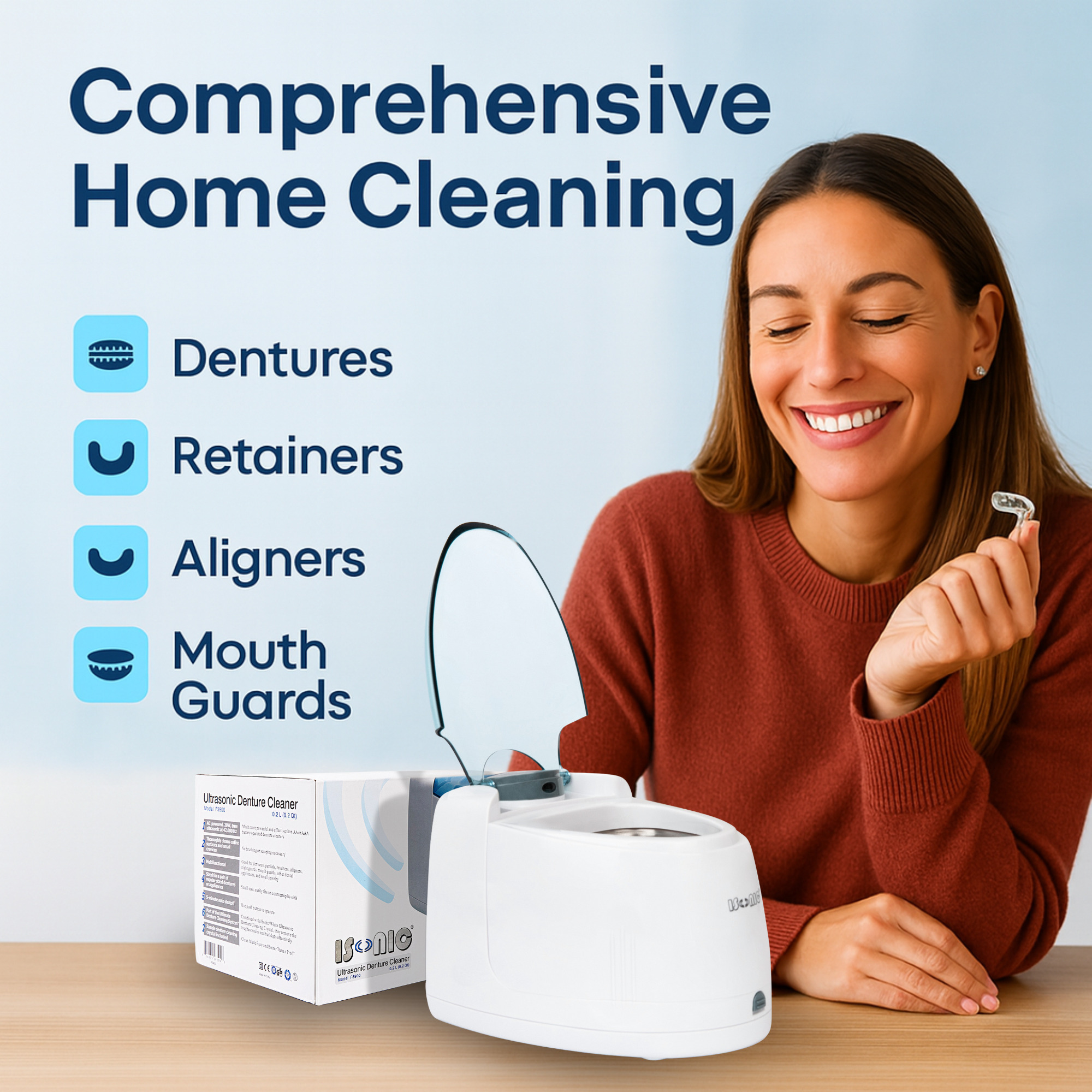iSonic F3900 Ultrasonic Denture and Retainer Cleaner, 42 Khz, Stainless Steel Tank, 0.2 L, White