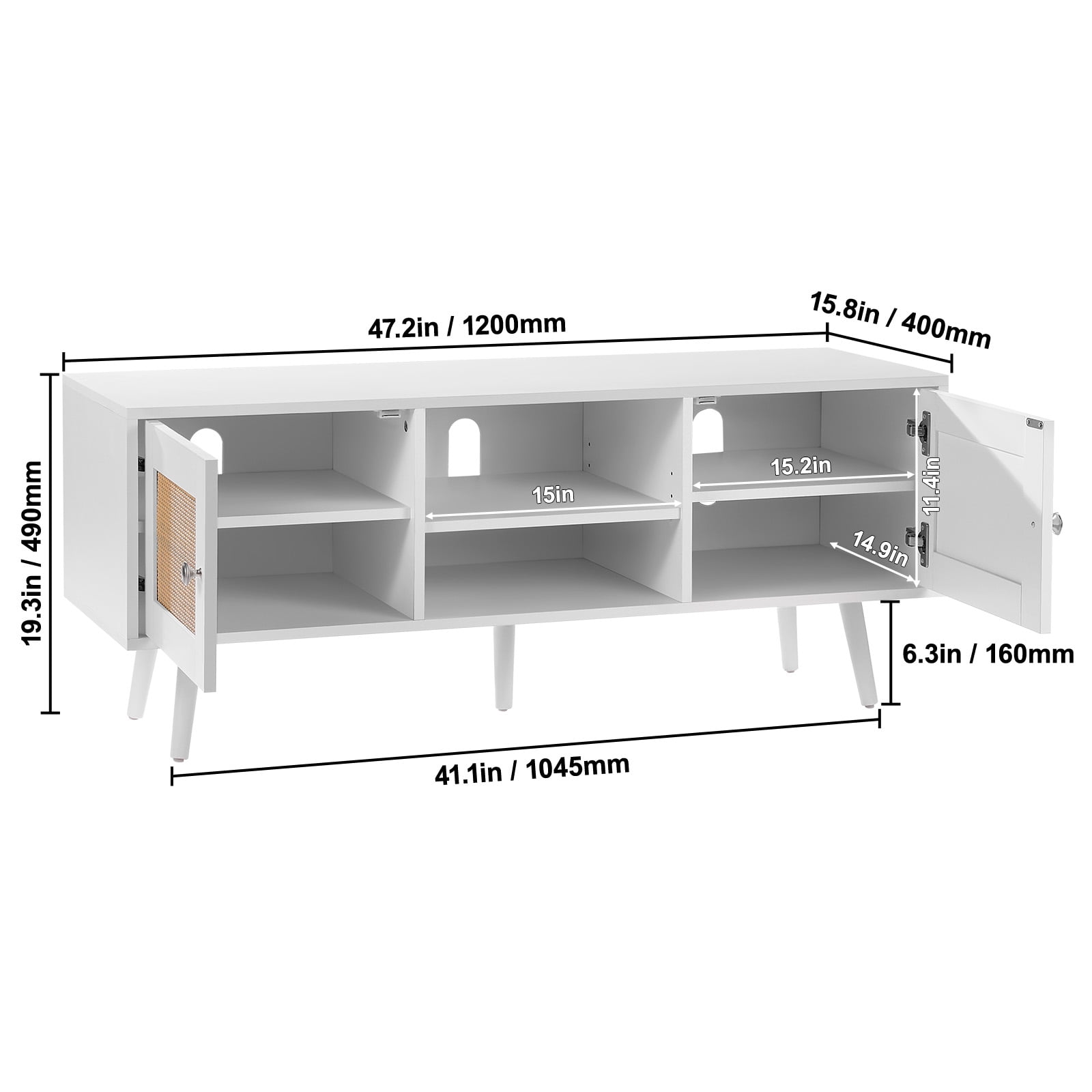 KFFKFF Wicker Television Stand, Bohemian Entertainment Center for 55" TVs, Contemporary Media Console with Flexible Shelving, Ideal for Living Spaces, Media Areas, in White