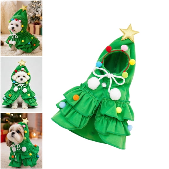 Christmas Small Dog Tree Outfit, Pet Hooded Christmas Tree Costume with Golden Star and Colorful Pom-poms, Holiday Ruffle Clothes for Puppy, Green, L