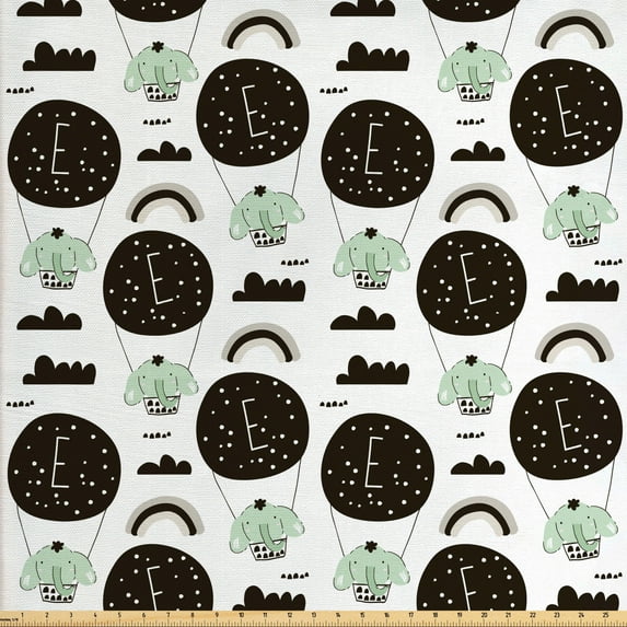 Cartoon Fabric by the Yard Upholstery, Hot Air Balloons with Passengers Doodle Animals, Decorative Fabric for DIY and Home Accents, Pale Green Black by Ambesonne
