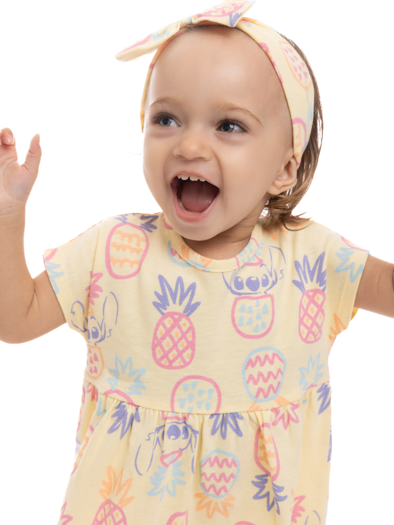 Stitch Baby Girl Allover Print Dress and Diaper Cover with Matching Bow Headband, Sizes 0/3M-24M
