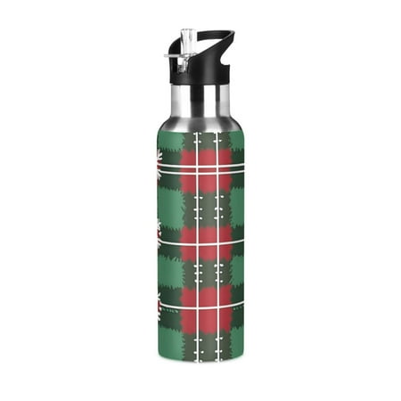 

ALAZA Checkered Christmas Snowflake Water Bottle Insulated Flask Stainless Steel Straw Lid 20 oz