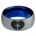 thumbnail image 2 of Tungsten Religious Cross Heart Love Band Ring 8mm Men Women Comfort Fit Blue Dome Brushed Gray Polished, 2 of 4
