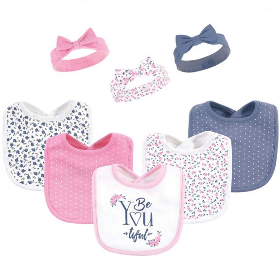 Hudson Baby Infant Girl Cotton Bib and Headband or Caps Set 8pk, Beyoutiful, One Size