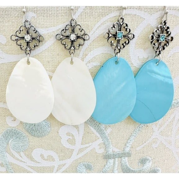 2 PAIRS Shell Teardrop Earrings with Vintage Filigree Design Ivory/Turquoise