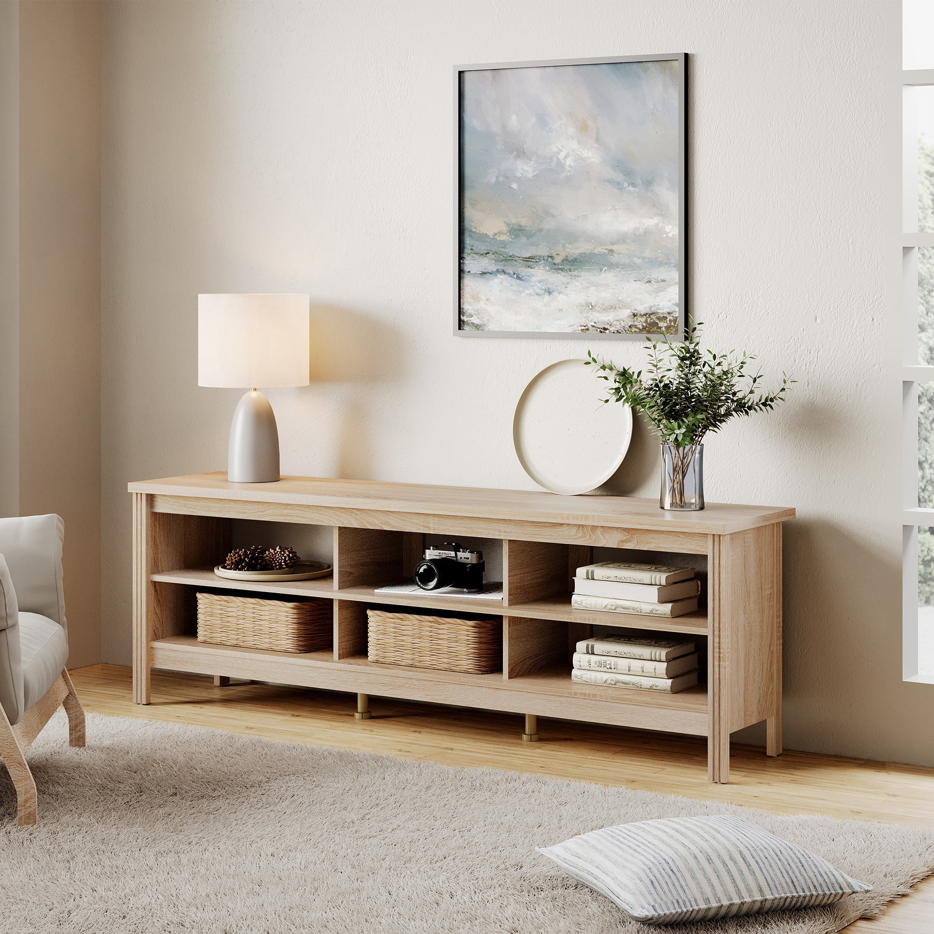 FITUEYES Television Stands, Oak Wood, 70" x 15.5" x 23.6"