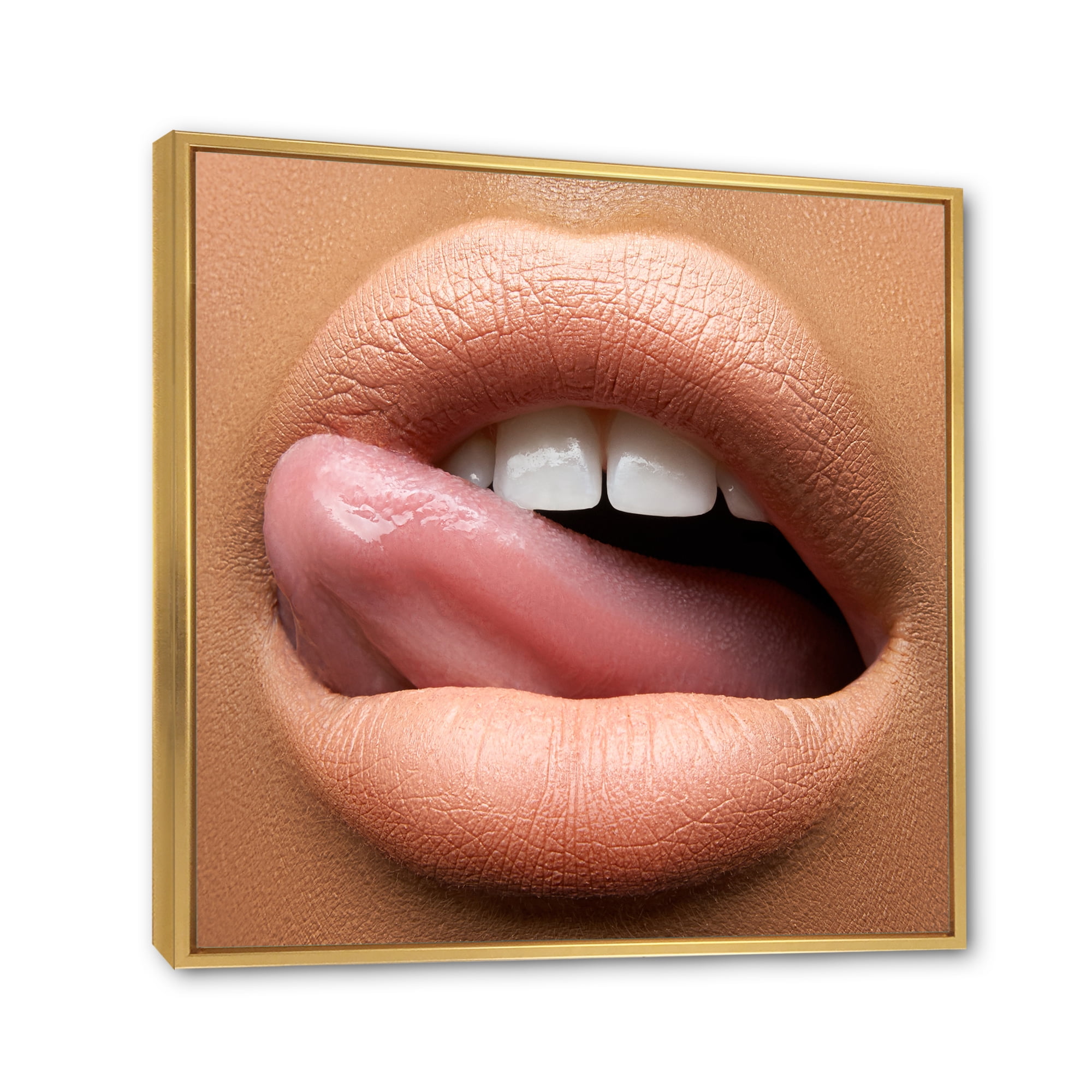 Designart 'Beautiful Dark Skinned Female Tongue Touching Lips' Modern Framed Canvas Wall Art Print