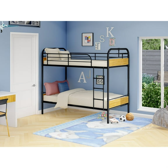 East West Furniture HYT0B01-1 Hedley Bunk Bed Frame with 4 Metal Legs - Magnificent Twin Bed in Powder Coating Black Color and Weather Wood Laminate
