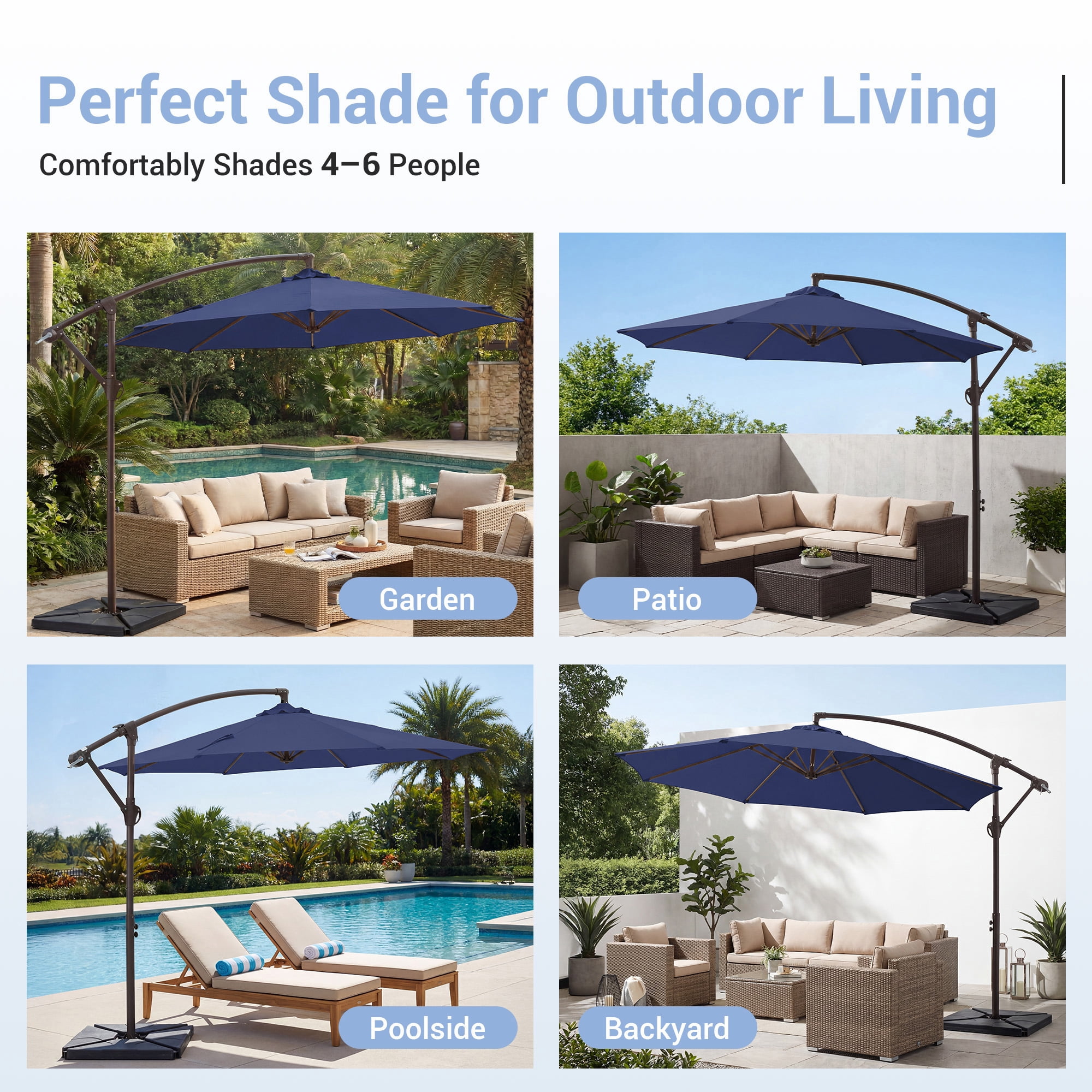 NAPWANT 10ft Cantilever Patio Umbrella with 4-Piece Weighted Base Included, Offset Hanging Umbrella with Crank & Tilt, Navy-Blue