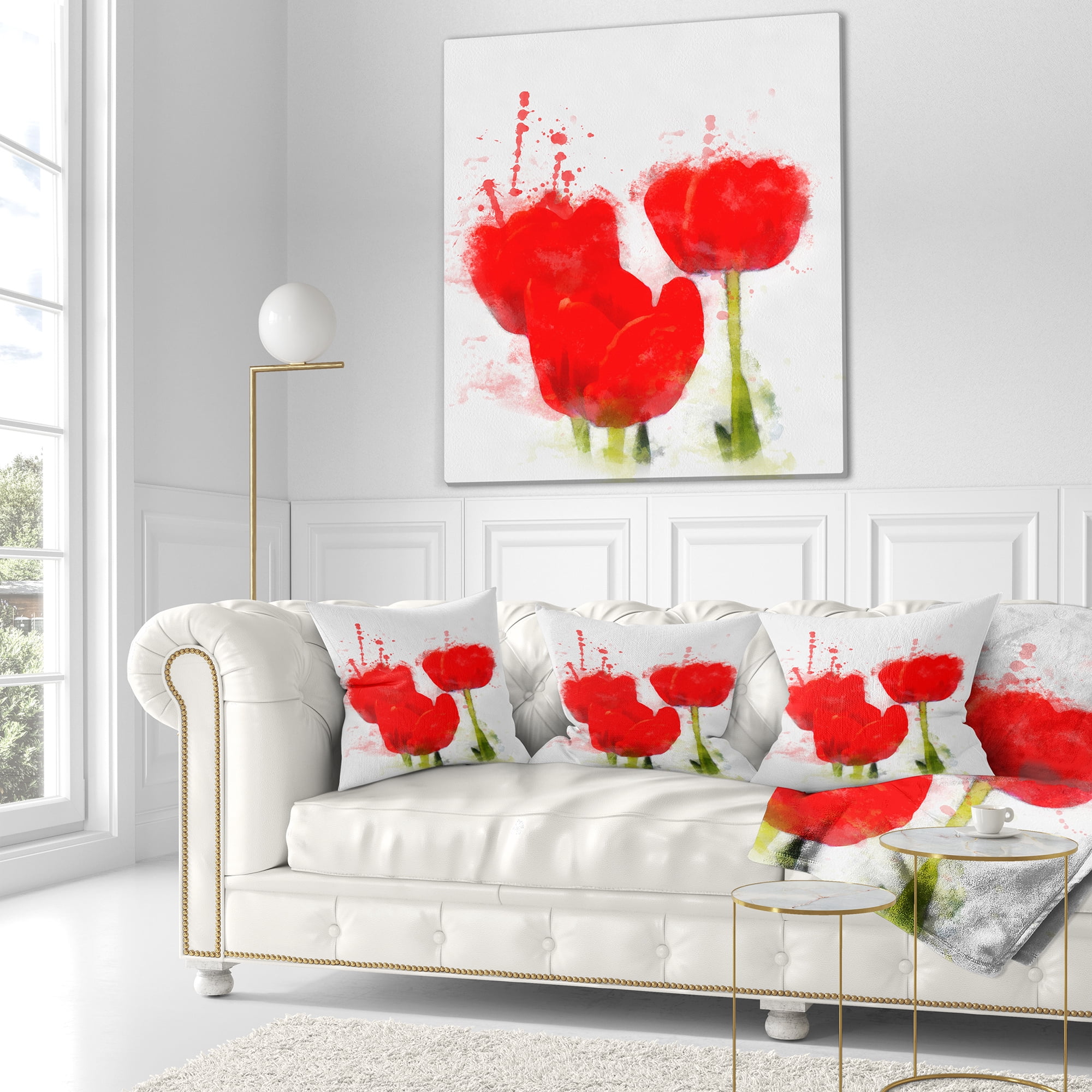 Designart Bright Red Tulip Flowers with Splashes - Floral Throw Pillow - 16x16