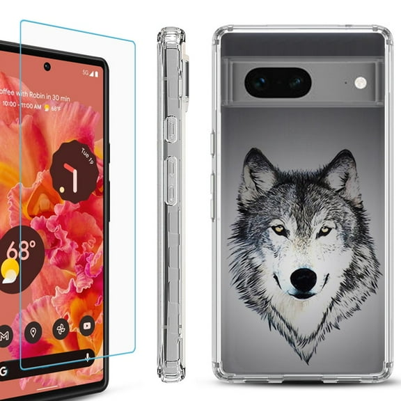 OneToughShield ® for Google Pixel 7a Shockproof Bumper Phone Case, with Tempered Glass Screen Protector - Wolf Face