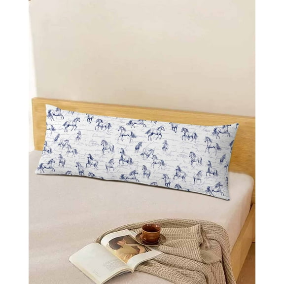 Blue Horse Body Throw Pillow Cover Case, Couch Sofa Bed Pillowcase, Soft Decorative Pillow Protector, Animals Stripes Simple Retro Farmhouse 20x54Inch Long Reversible Pillow Shams with Zipper