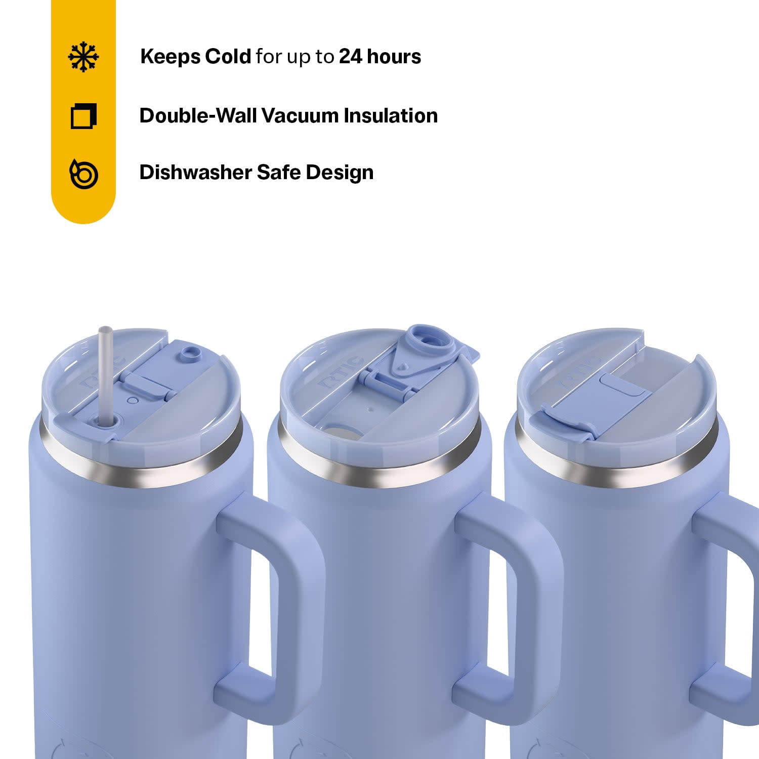 RTIC 64 oz Ceramic Lined Road Trip Tumbler with Handle and Leak-Resistant Straw Lid, Periwinkle