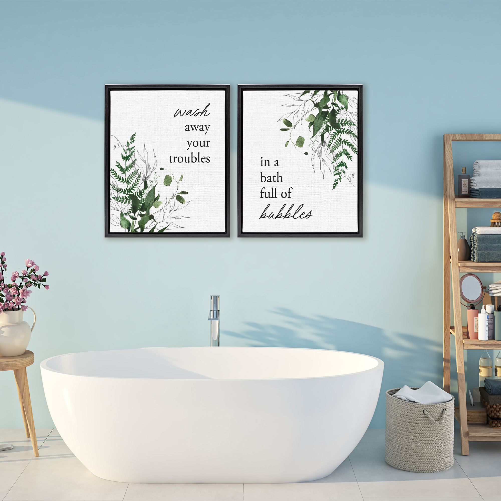 Bubble Bath with Forest Foliage 2 Piece Black Framed Floater Canvas Set, design by Lettered and Lined