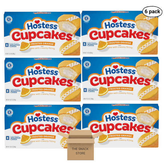 The Snack Store Bundle Hostess Frosted Orange Cupcakes, 13.5 oz, 6 Boxes of 8 Count, 48 Total Cupcakes!