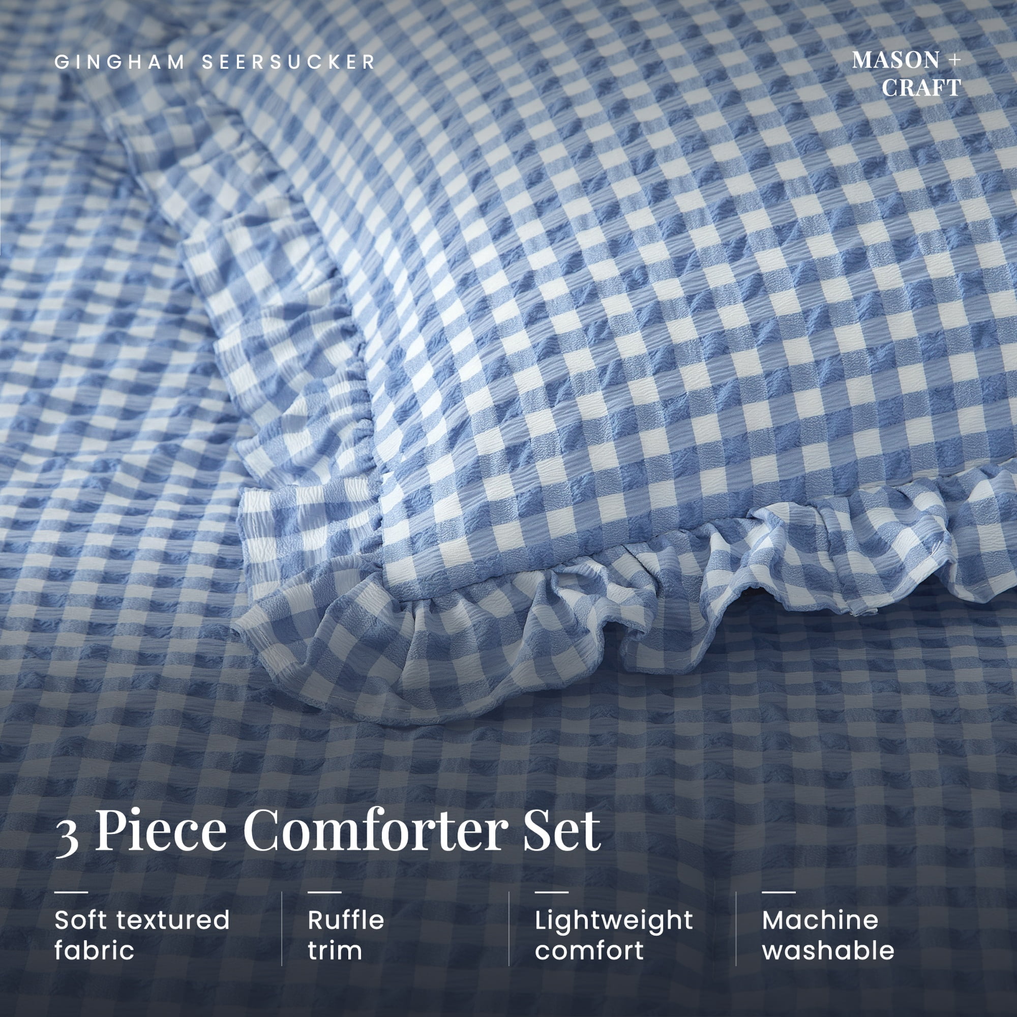 Mason & Craft 3 Piece Blue Gingham with Ruffle Comforter Set, Full/Queen