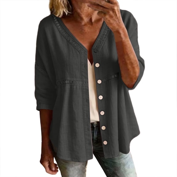 Womens Cotton Linen Cardigan Shirt Embroidery Button 3/4 Sleeve Lightweight Coat Open Front Casual Summer Tops