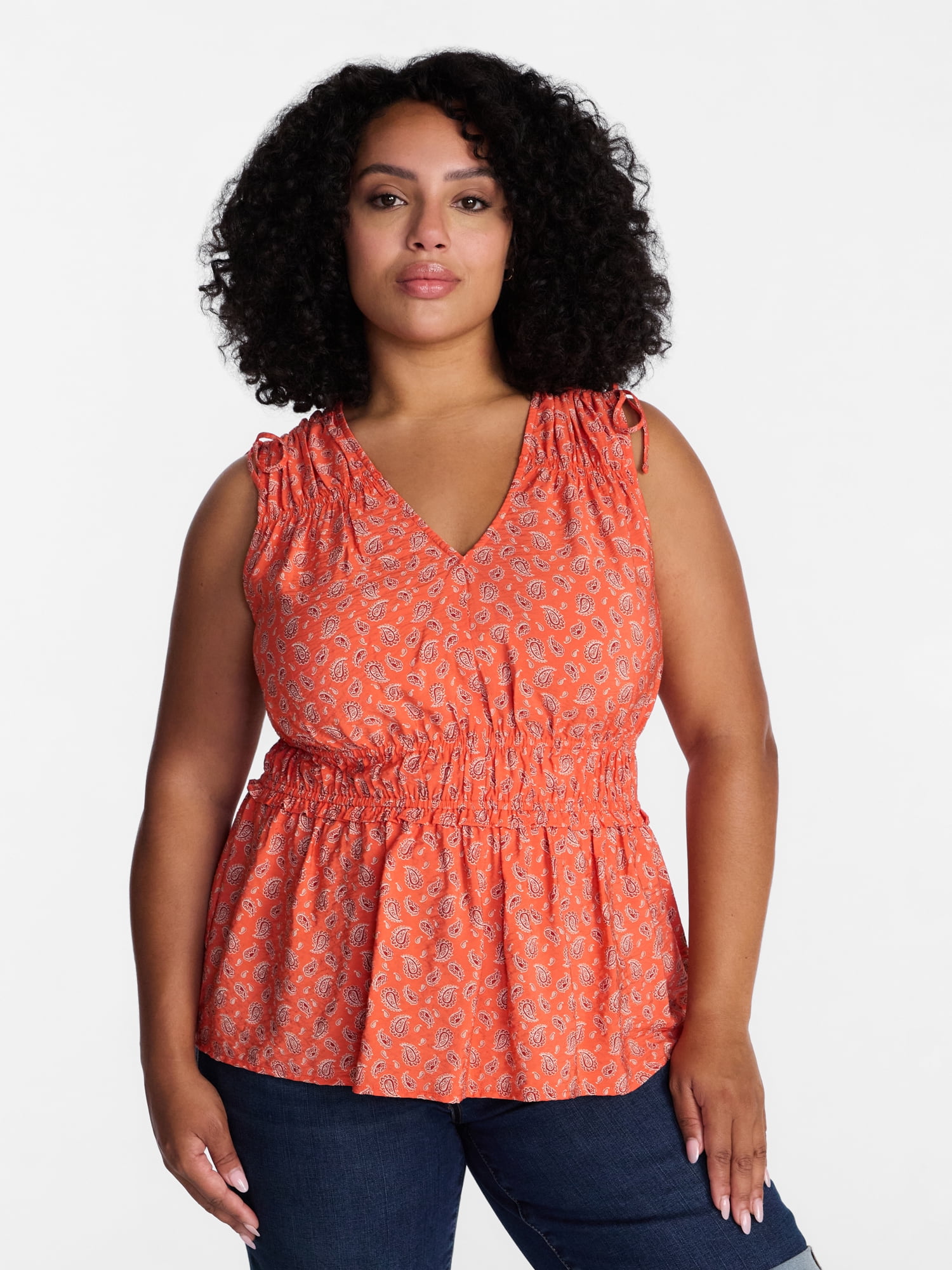 Time and Tru Women's Ruched Tie Shoulder Top, Sizes XS-XXXL