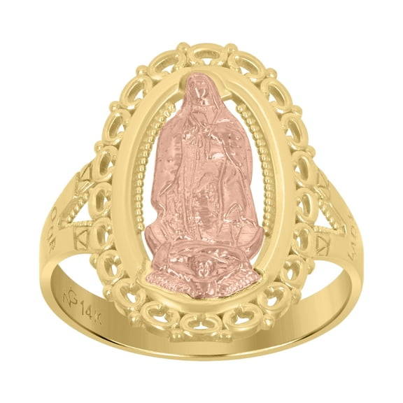 14k Gold Womens Two-Tone Guadalupe Mary Oval Head Sz7 Religious Band Ring
