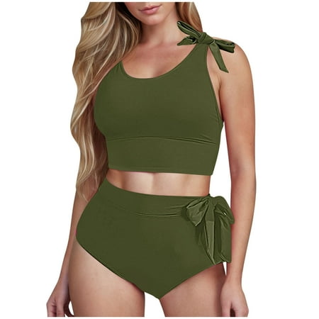 Hfyihgf Women s High Waisted Bikini Sets Tummy Control Two Piece Swimsuits Tie Knot Racerback Crop Top with Bottom High Cut Bathing Suit(Army Green M)