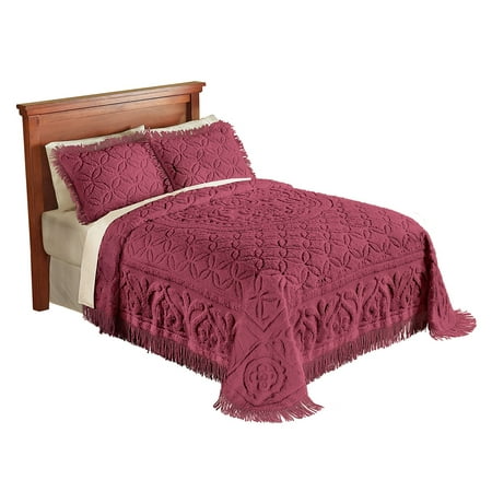 Queen Victoria Gravy - Elegant Victoria Plush Chenille Bedspread with Fringe Border and Ring Design, Queen, Burgundy