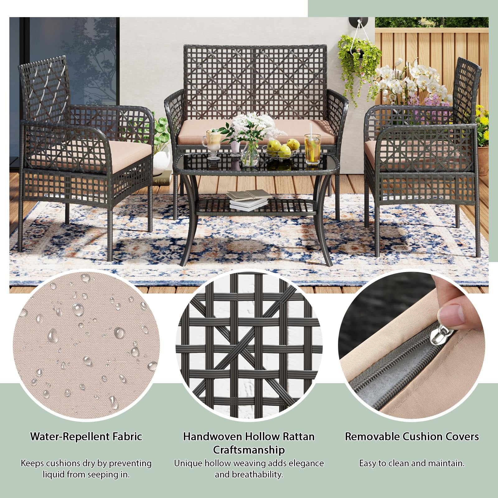 Tappio 4 Piece Outdoor Rattan Furniture Patio Conversation Set, Wicker Sofa Outdoor Patio Sets with Cushions and 2-Tier Table for Yard, Pool or Backyard, Beige