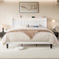 thumbnail image 3 of Allewie King Size LED Bed Frame with Charging Station, Velvet Upholstered Platform Bed with Geometric Wingback Headboard, White, 3 of 11