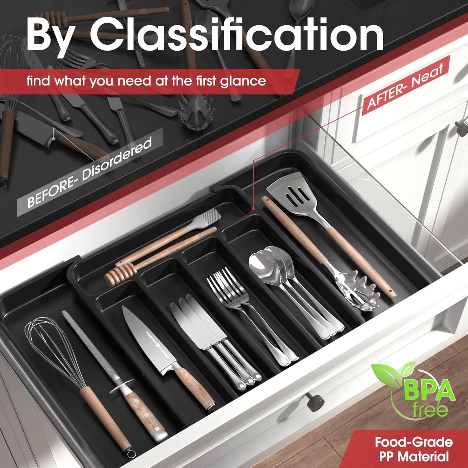 Silverware Organizer - Expandable Kitchen Drawer Organizer, Adjustable Utensil Organizer, Cutlery Tray for Forks, Knives, Multipurpose Kitchen Organizers and Storage Solution, Black