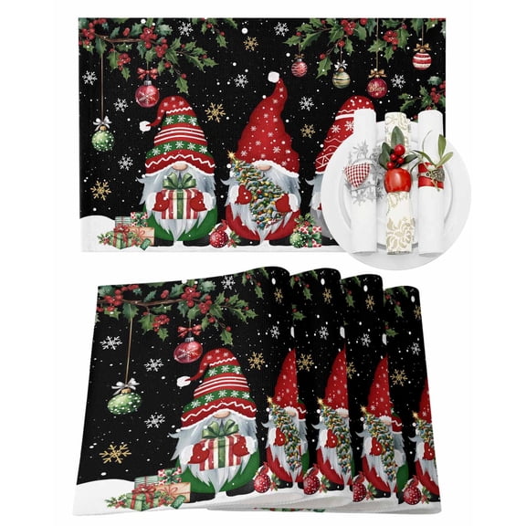 Christmas Placemats Set of 4, Gnomes Place Mats Christmas Balls Berry Snowflake Black Placemat Table Decoration for Kitchen Table Dinner Xmas Holiday Party Home Decor Indoor Outdoor 13x19 Inch