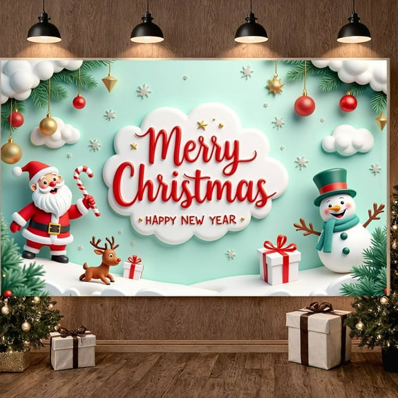 Cartoon Santa Claus Merry Christmas Banner Snowman Figure Happy New Year Backdrop Gift Box Decor Snowflake Pattern Festive Backdrop for Christmas Party New Year Celebration Holiday Decoration
