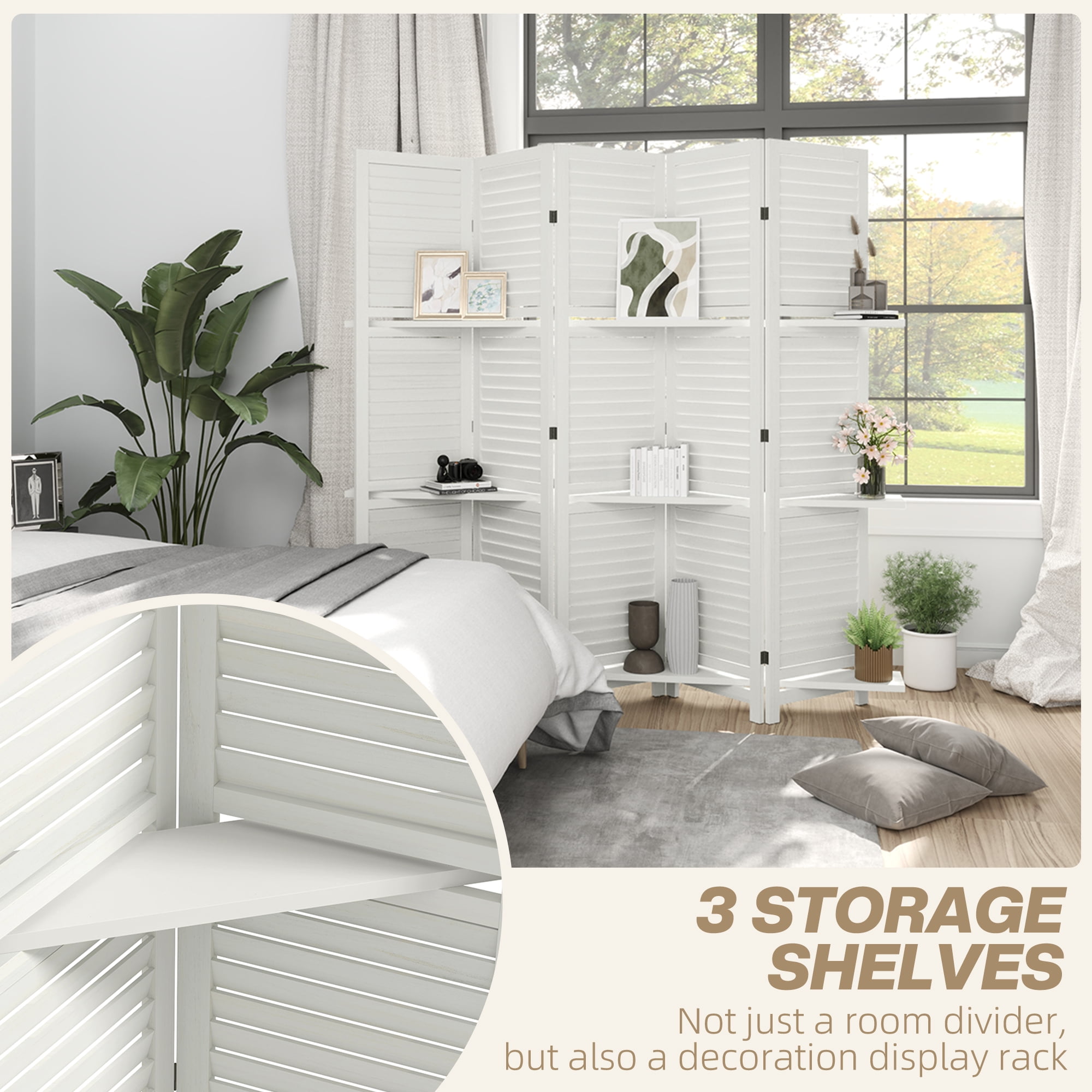 HOMCOM 5 Panel 67" Tall Wood Privacy Screen Room Divider with 3 Display Shelves, and Folding Storage for Bedroom or Home Office, White