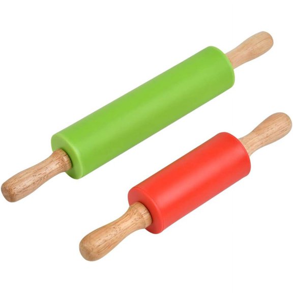 2 Pack Non Stick Silicone Rolling Pins for Baking - Dough Roller for Pizza and Cookies with Wooden Handle - Nonstick Surface