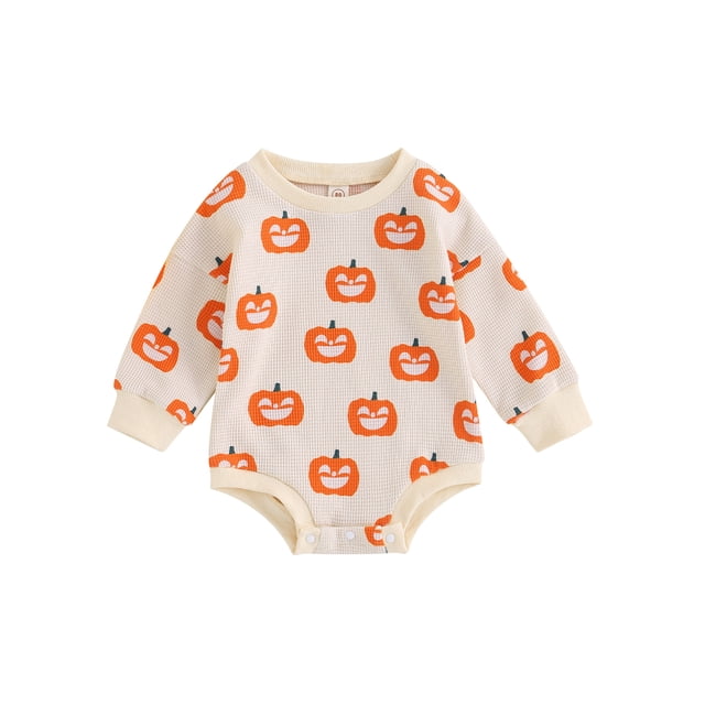 ZAXARRA Barboteuse Décontractée pour Bébés Filles Col Rond Beige Manches Longues Pull Chandail en Molleton Imprimé Citrouille Vêtements d'Halloween