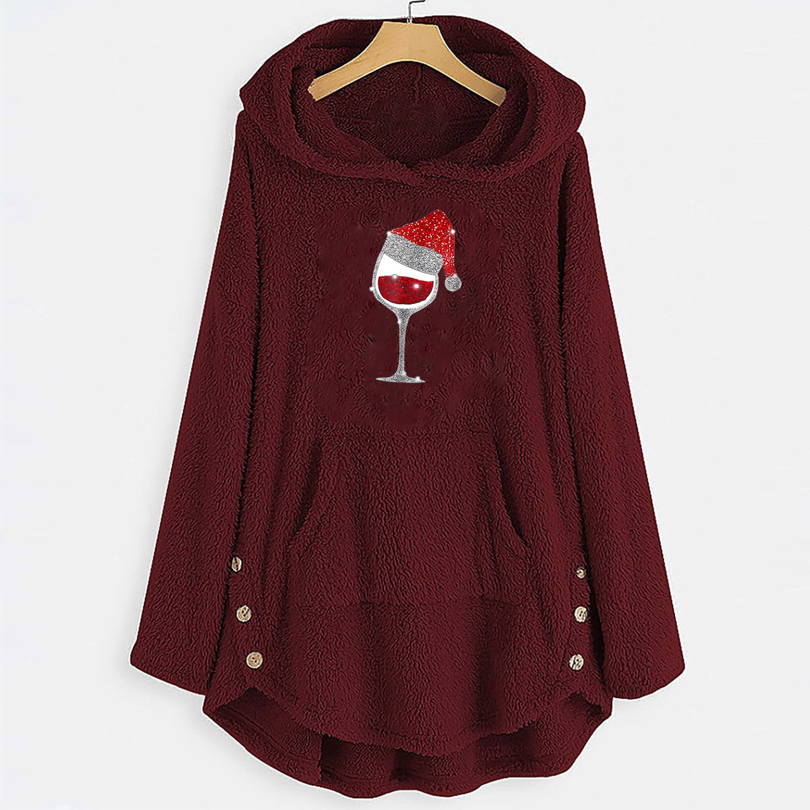 Women Blouse Fashion Button Plush Tops Hooded With Pocket Loose Winter ...