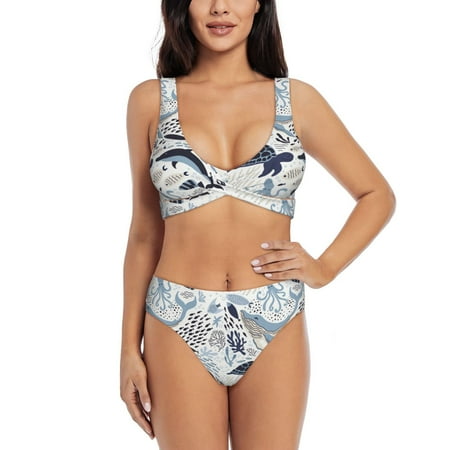 Zeuib Sea Life Elements High Waisted Tummy Control Bikini Set - Knot Front Push Up Top & Cheeky Thong Bottom  Two-Piece Swimsuit for Women-Large