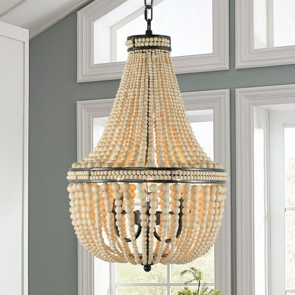 DOCHEER 3-Light Wood Beaded Chandelier Farmhouse Rustic Pendant Lighting Boho Hanging Ceiling Lights Fixture