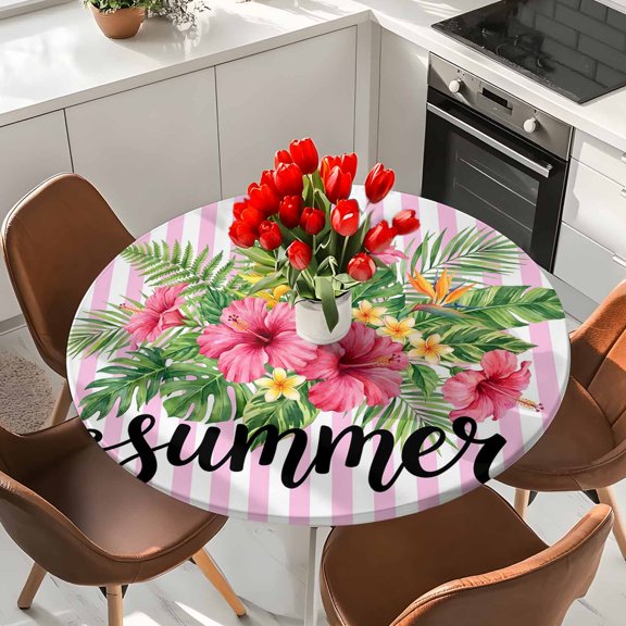 Summer Botanical Elastic Fitted Round Tablecloth Tropical Plants Pink Stripe Waterproof Outdoor Table Cover for Holiday Party, Picnic, Patio & Dining Fits Tables Up to 36"-44"