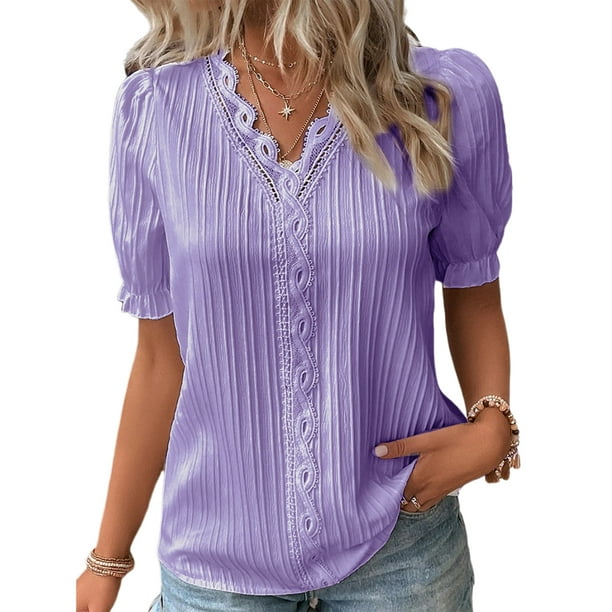 Chemise de grande taille pour femme a manches bulles Chemisier decontracte en dentelle Couleur unie Tenue quotidienne FLhrweasw Nuevo Bodega Aurrera en linea