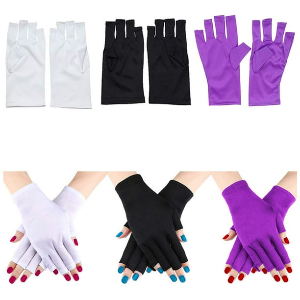 3 Pairs UV Shield Glove Gel Manicures Fingerless Anti UV Glove, Protect Hands from UV Light Lamp Manicure Dryer (Black, Purple, White)