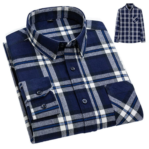 FLMEI Mens Button down Shirts 100%cotton Plaid Dress Shirts Men's Long Sleeve Slim Blouses Tops for Spring Fall Size: 38-46