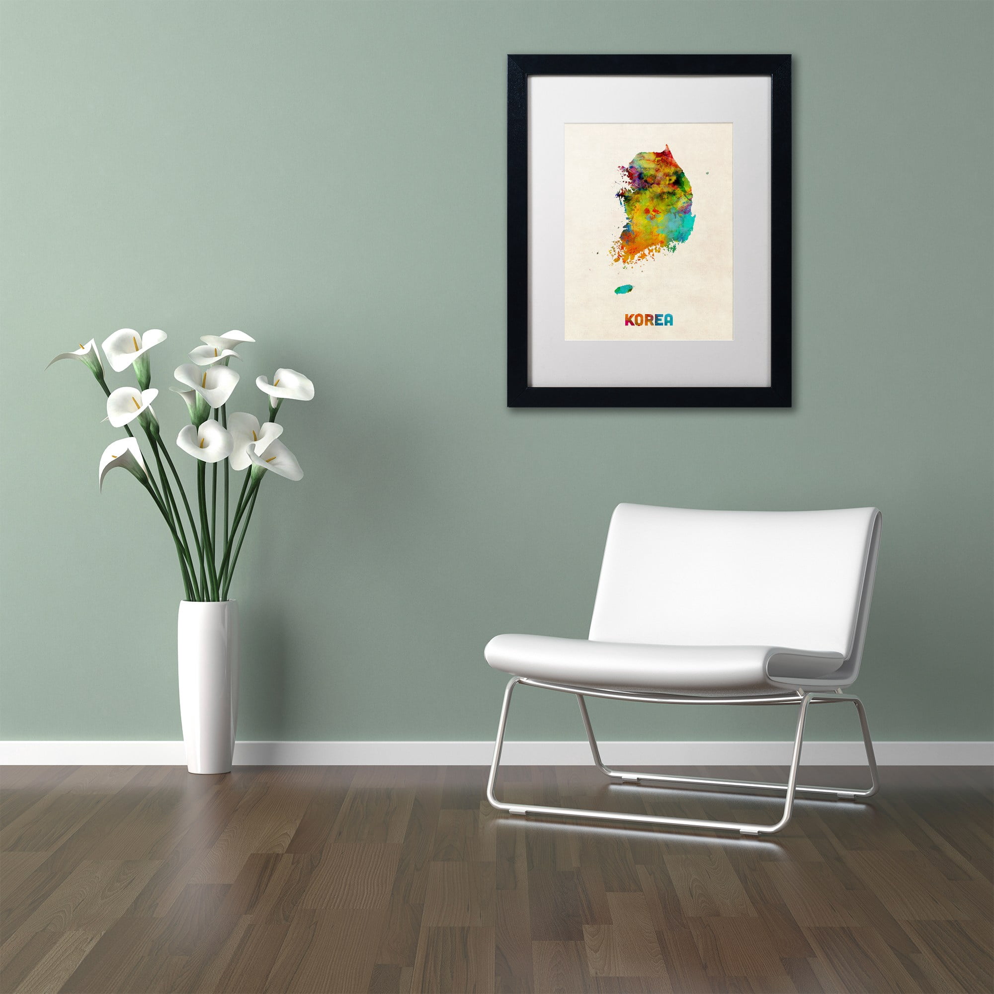 Trademark Fine Art ''Korea Watercolor Map'' by Michael Tompsett 16" x 20" White Matted Black Frame