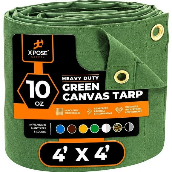 Xpose Safety Canvas Tarp - 10oz Green Poly Canvas Tarps Heavy Duty Water Resistant with Brass Grommets- Multipurpose Outdoor Tarpaulin for Camping, Canopy, Trailer, Equipment Cover 4' x 4'