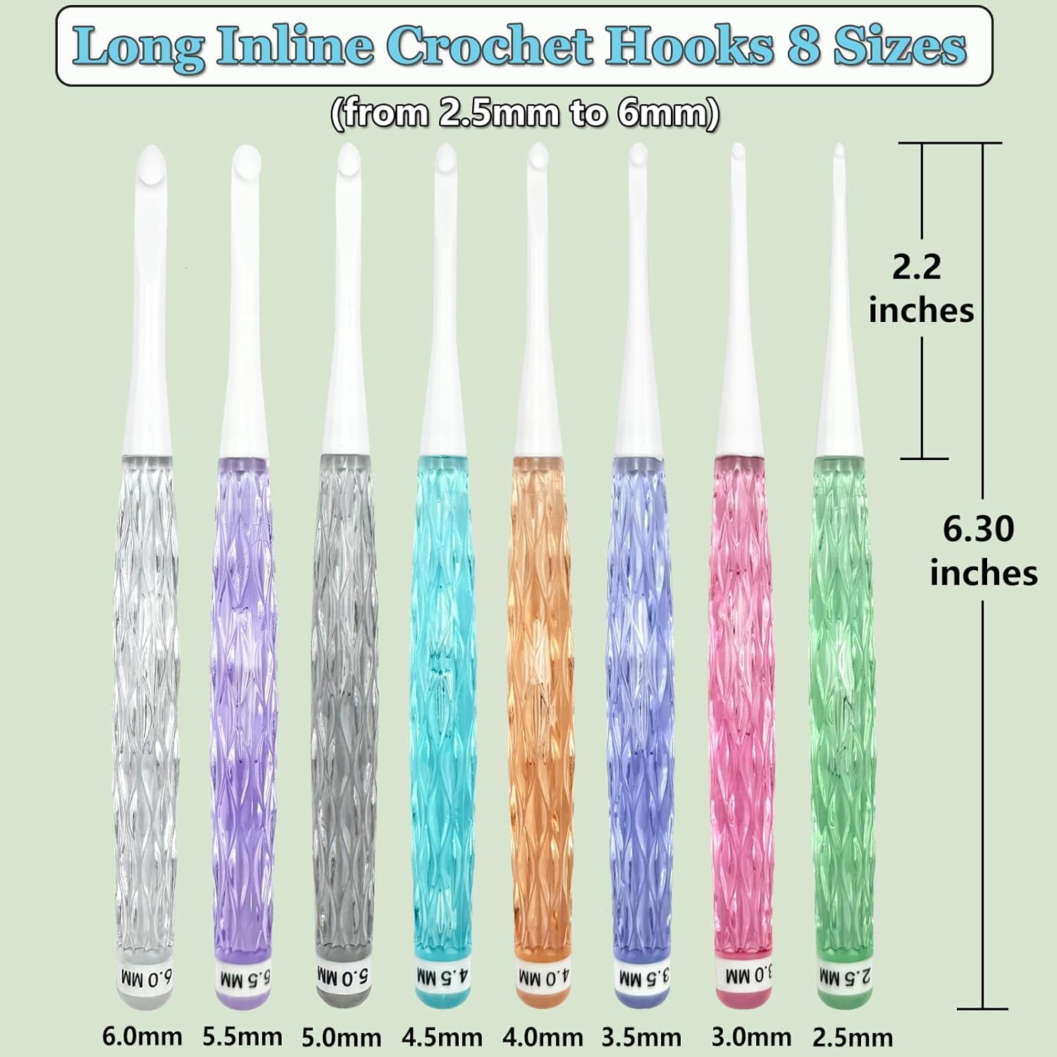 Inline Crochet Hooks Set,8PCS Plastic Long Hook Set with Case,Colorful Non-Slip Needles for Crocheting Yarn,Size 2.5mm-6mm